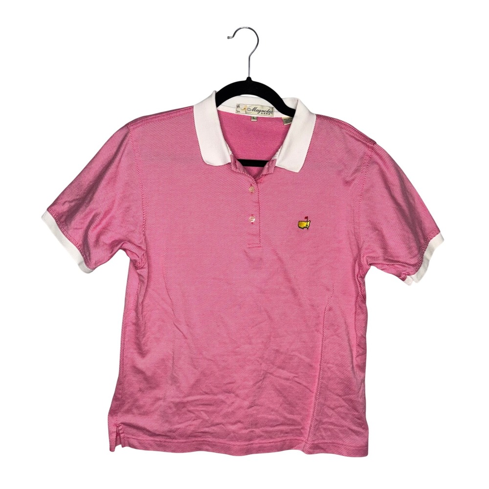 Magnolia Lane Polo Shirt Womens Large Pink Masters Logo Excellent Cotton Striped